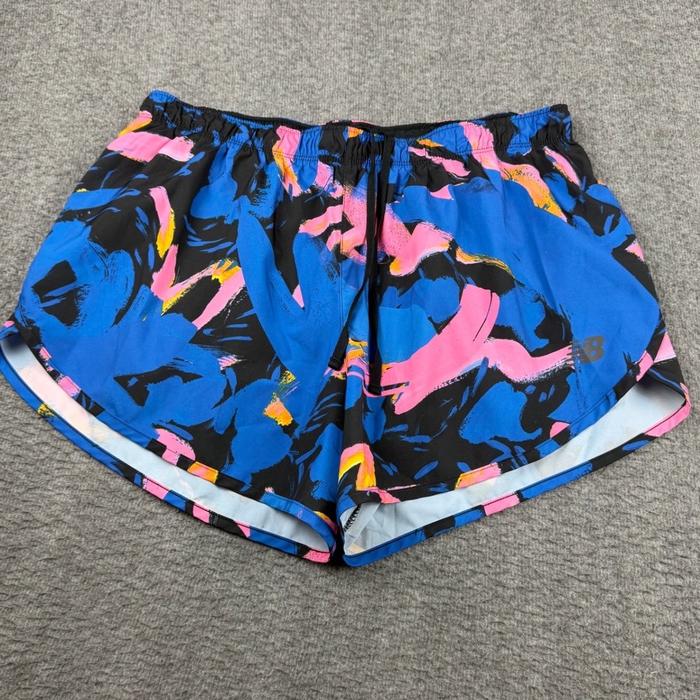 New Balance Women's L Blue Pink Abstract Print Running Shorts Drawstring Liner